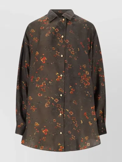 Uma Wang Casual Floral Pattern Collared Neck Long Sleeves In Brown