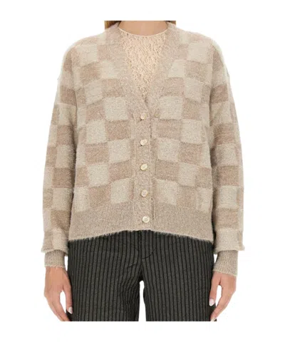 Uma Wang Checkerboard Knitted Cardigan In Brown