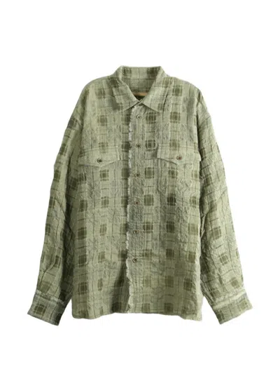 Uma Wang Check-pattern Frayed-edge Shirt In Green