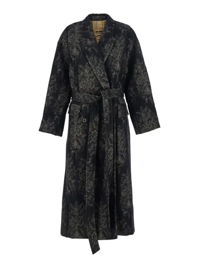 Uma Wang Cicero Brown Coat With Belt And Floral Motif In Wool Blend Woman