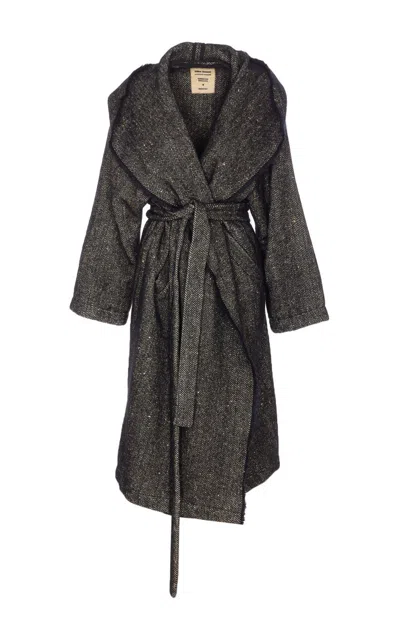 Uma Wang Hooded Coat With Belted Waist And Pockets In Multi