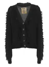 Uma Wang Textured Black Cotton Cardigan With Fringed Details In Black
