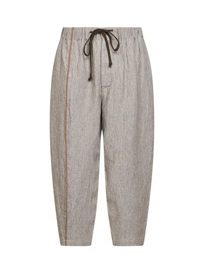 Uma Wang Dirty White Linen And Cotton Pajama-style Trousers In Gray