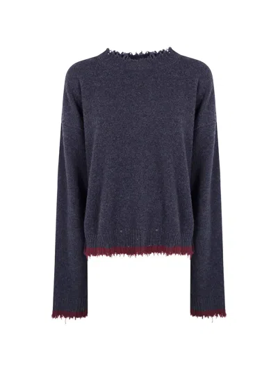 Uma Wang Crew Neck Cashmere Sweater Distressed Finish In Blue