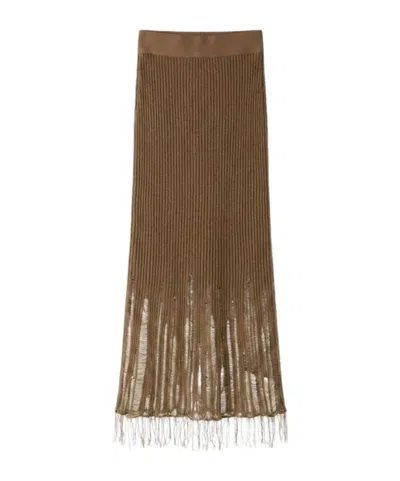 Uma Wang Distressed Ribbed Knit Midi Skirt In Brown