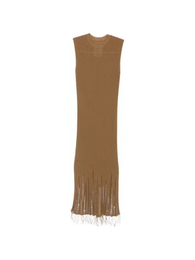 Uma Wang Distressed Ribbed-knit Maxi Dress In Brown