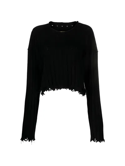 Uma Wang Distressed Ribbed-knit Sweater In Black