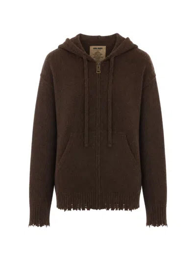 Uma Wang Distressed Zip-up Hoodie In Brown