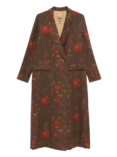 Uma Wang Floral Pomegranate Print Coat With Welt Pockets In Brown