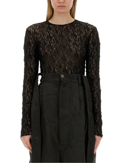 Uma Wang Fitted Lace Perforated Top With Long Sleeves In Black