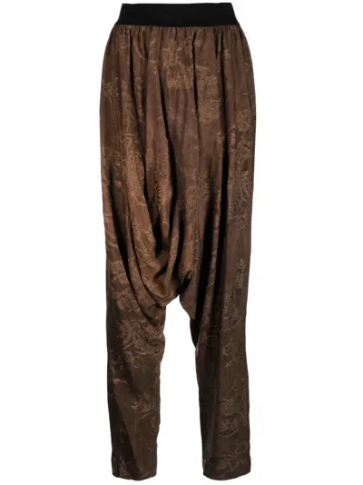 Uma Wang Floral-embroidered Drop-crotch Trousers In Brown