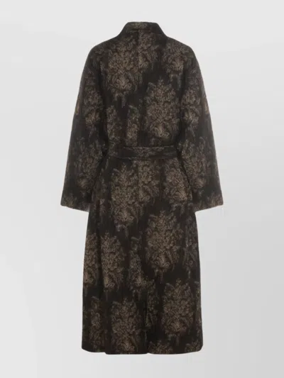 Uma Wang Floral Patterned Textured Coat Belted In Black