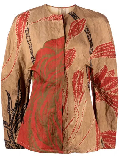 Uma Wang Floral-print Long-sleeve Blouse In Brown