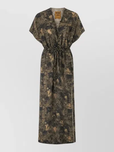 Uma Wang Floral Print V-neck Short-sleeve Midi Dress In Green