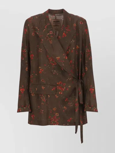 Uma Wang Floral Print Wrap Blazer With Tie Waist In Brown