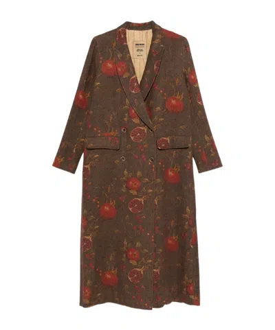 Uma Wang Floral Pomegranate Print Coat With Welt Pockets In Brown