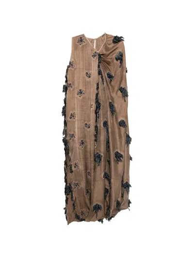 Uma Wang Floral-embroidered Fringed Dress In Brown