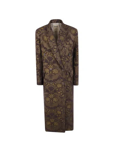 Uma Wang Floral-jacquard Double-breasted Coat In Brown