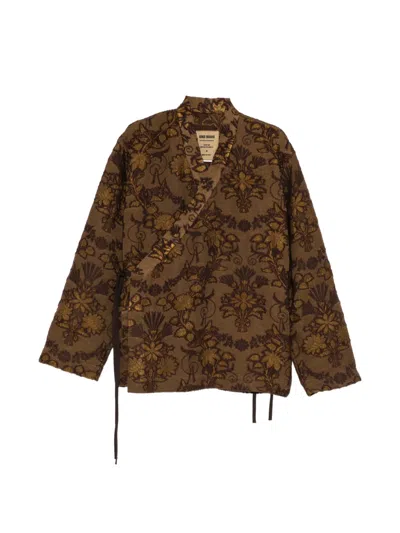 Uma Wang Floral-jacquard Wrap Shirt In Brown