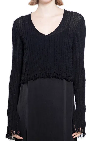 Uma Wang Frayed Cropped Knitted Top In Black