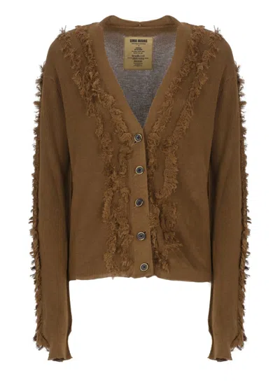Uma Wang Fringe-detail V-neck Cotton Cardigan In Brown