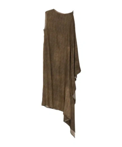 Uma Wang Geometric-print Draped Asymmetric Dress In Brown