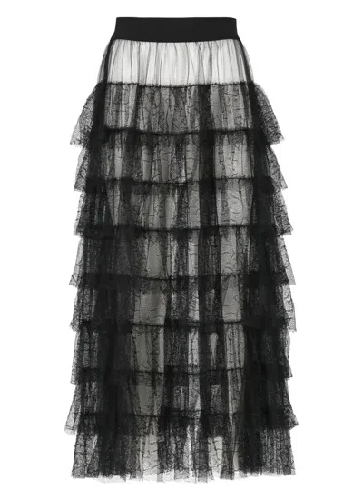 Uma Wang Gram Lace Flounce Detailed Midi Tulle Skirt In Black