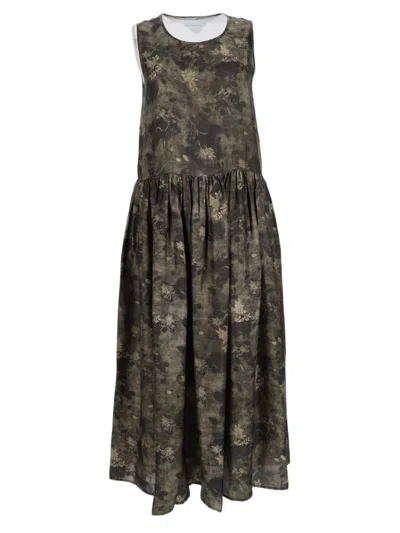 Uma Wang Green Flowing Gathered Waistband Floral Midi Dress In Black
