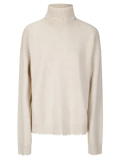Uma Wang High Neck Cashmere Sweater With Frayed Edges In White