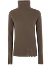 Uma Wang Ribbed Turtleneck Top Distressed Hem In Brown