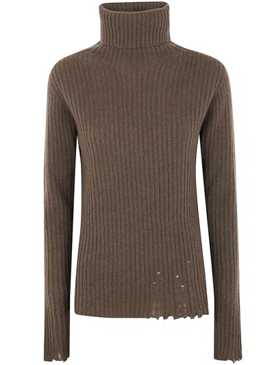 Uma Wang Ribbed Turtleneck Top Distressed Hem In Brown