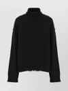 Uma Wang High Neck Ribbed Cashmere Sweater With Frayed Hem In Black