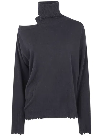 Uma Wang Asymmetric Long Sleeve Turtleneck Knit Top In Blue