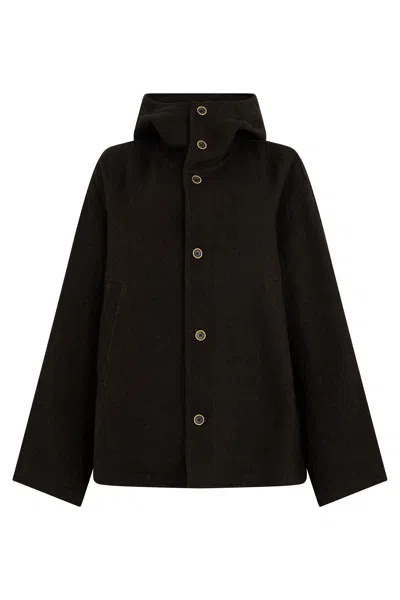 Uma Wang Hooded Wool-linen Button Jacket With Relaxed Fit In Brown