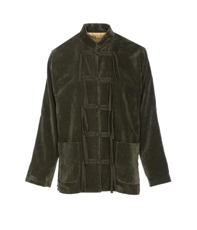 Uma Wang Velvet Texture High Collar Jacket With Button Detailing In Green