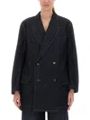 Uma Wang Double Breasted Notched Lapel Jacket In Blue