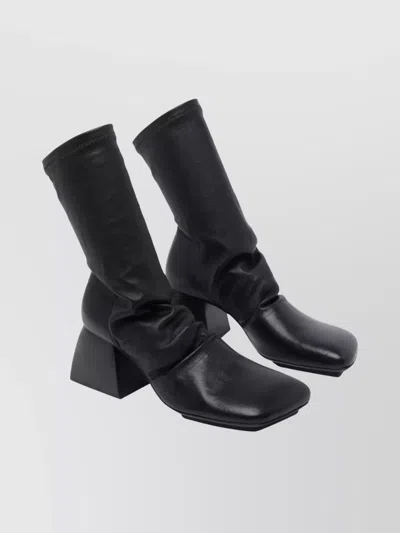 Uma Wang Leather Block Heel Ankle Length Boots In Black