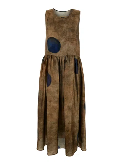 Uma Wang Long Dress Ardal Brown With V-neck And Long Sleeves In Viscose And Cupro For Women
