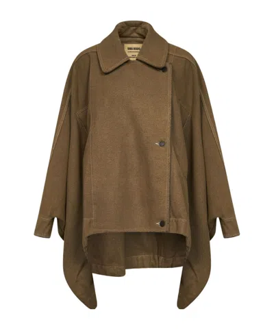 Uma Wang Tan Wool Blend Kew Asymmetric Cape-style Jacket In Brown