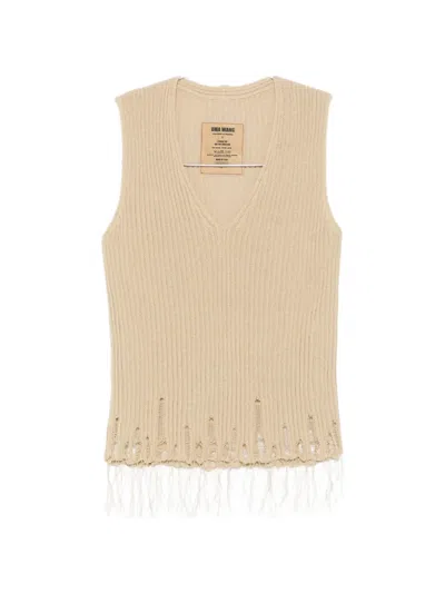 Uma Wang Loose Rib Distressed Fringed Vest In Neutral