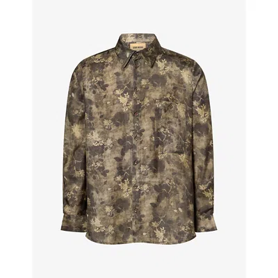Uma Wang Mens  Tab Floral-pattern Woven Shirt In Green/grey