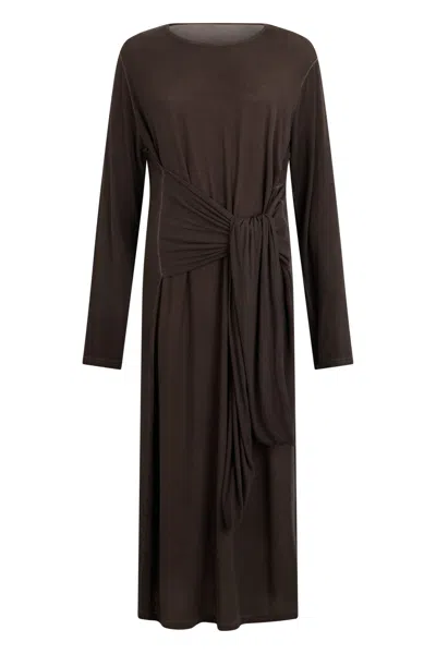 Uma Wang Minimalist Long-sleeve Long Dress With Adjustable Belt In Brown