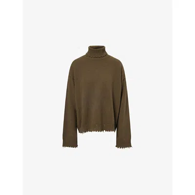 Uma Wang Omens Army Green Distressed High-neck Cashmere Jumper