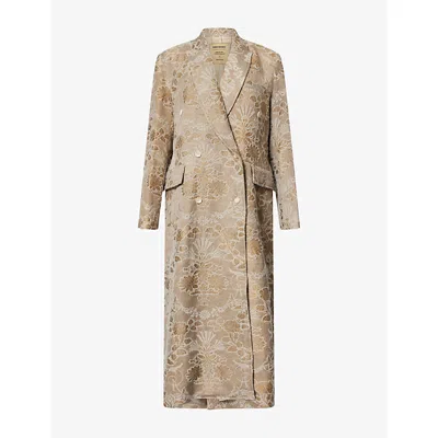 Uma Wang Omens Camelot Double-breasted Floral-jacquard Woven Coat Tan