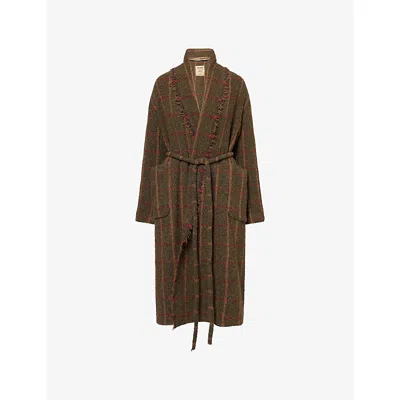 Uma Wang Omens Green Red Tan Chidi Relaxed-fit Knitted Coat In Brown