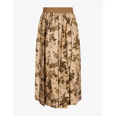 Uma Wang Omens  Gillian Floral Cotton Midi Skirt In Tan Brown