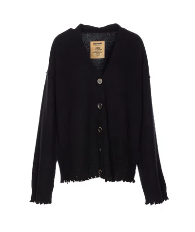 Uma Wang Frayed Hem V-neck Over Cardigan Knitwear In Black