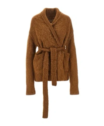 Uma Wang Lpaca-blend Cardigan With Belt In Brown