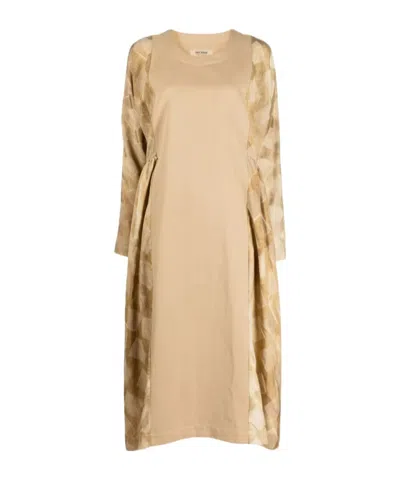 Uma Wang Patchwork Long-sleeved Midi Dress In Brown