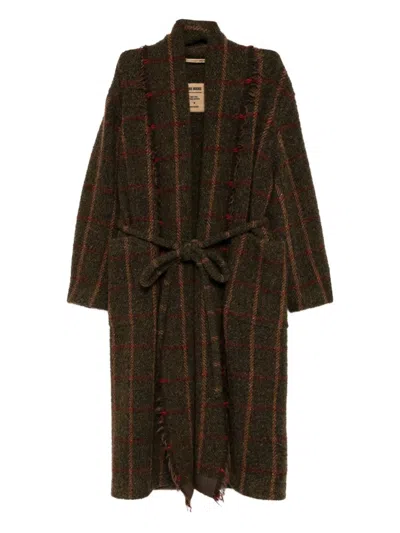 Uma Wang Waist Belted Checked Pattern Long Sleeves Coat In Brown